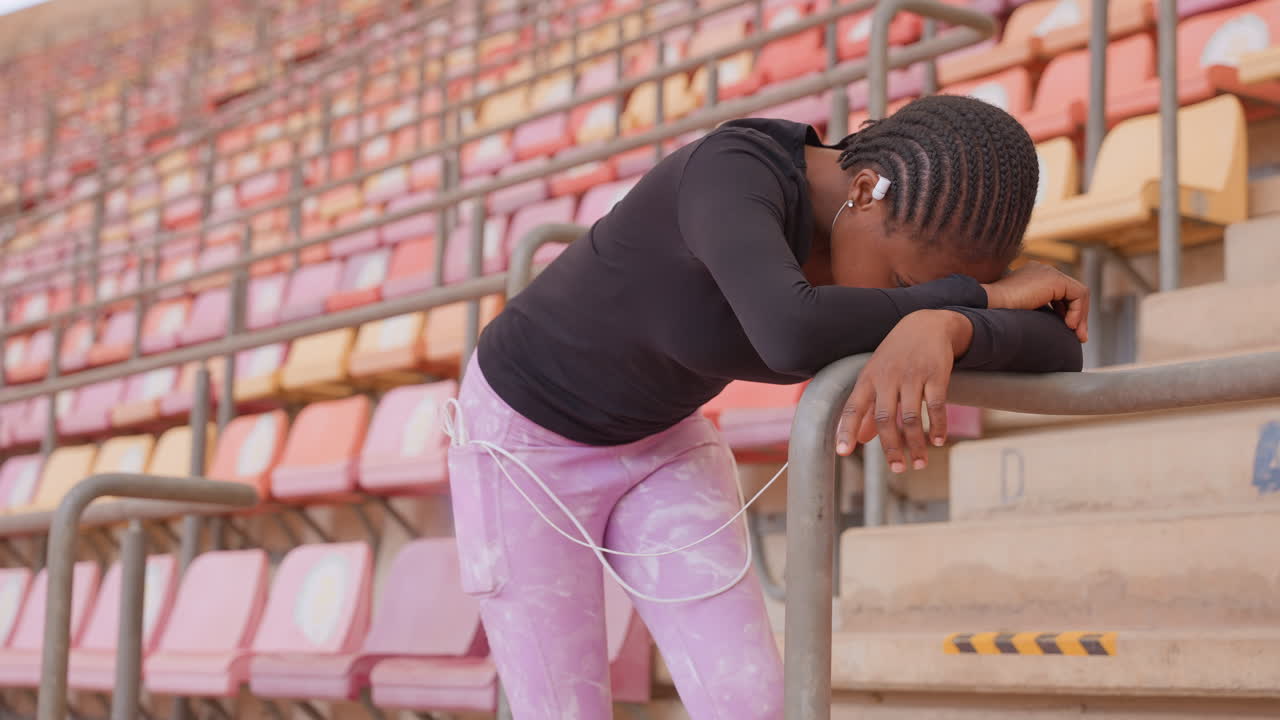 black athlete leaning on railing stadium, young black woman in black top and pink pants resting head on forearms, empty bleachers and soft daylight, braided hair detail, intimate sports portrait