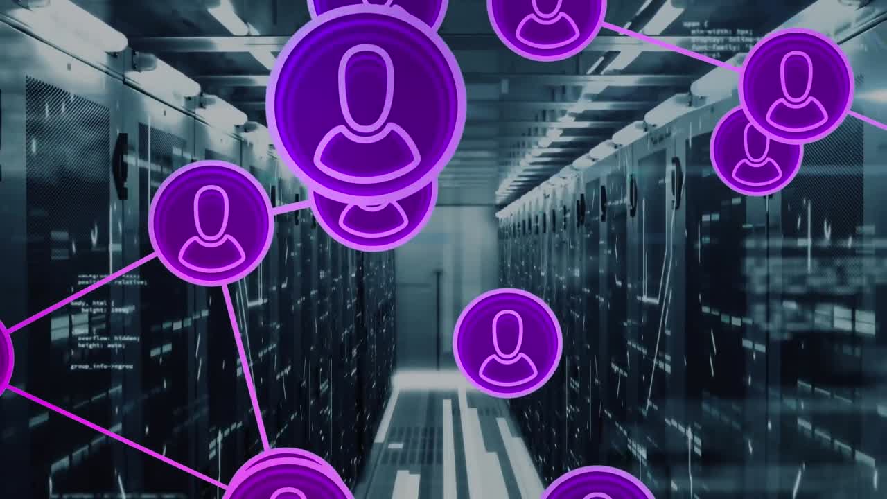 Animation of network of profile icons, data processing and mosaic squares against server room