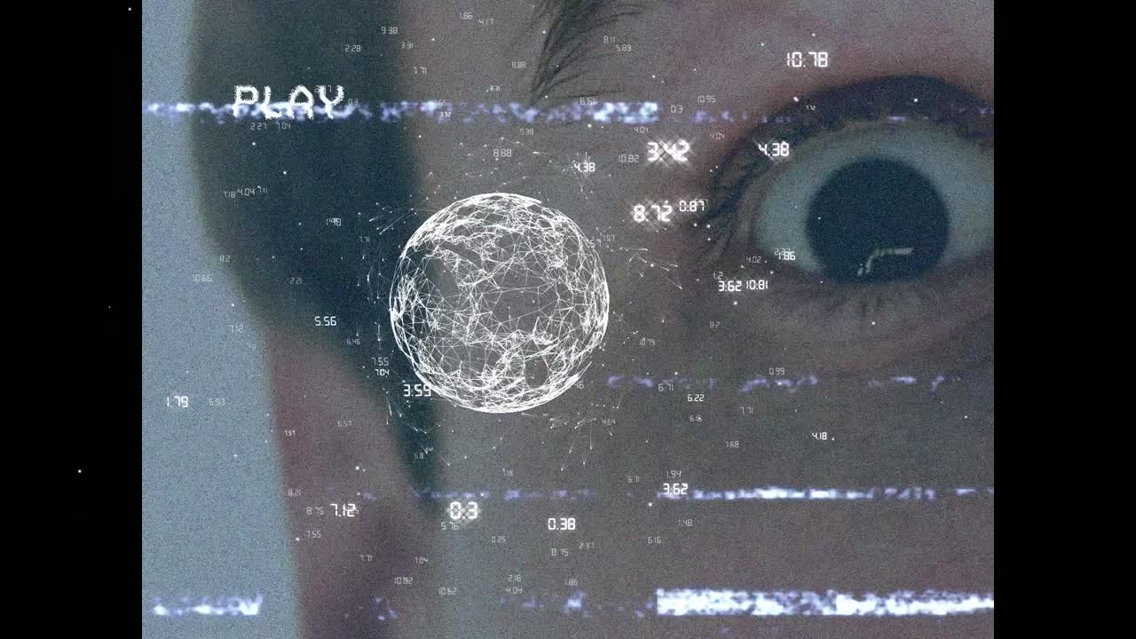 Animation of play digital interface on screen with network of connections and globe over man's eye