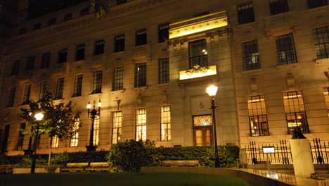 hotel, college, or government building exterior night