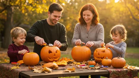family celebrates the autumn season with joyful pumpkin carving activity in a sunlit outdoor setting, creating unique jack-o'-lanterns together
