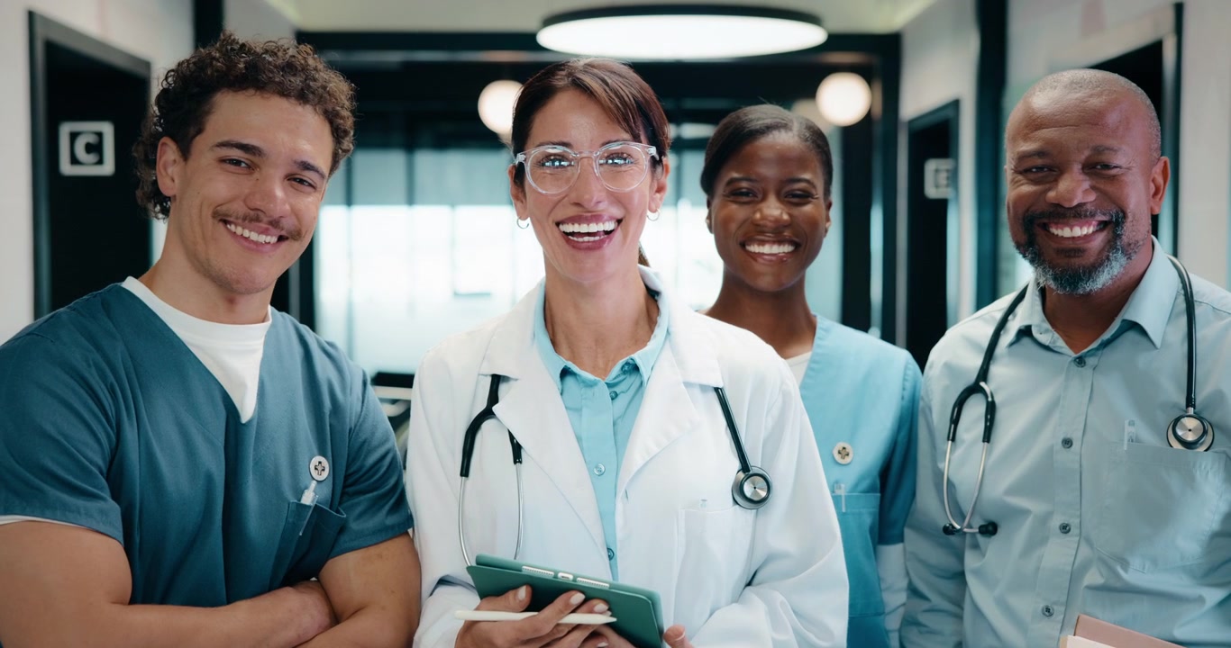 Diverse Medical Team Smiling at Camera in Hospital Corridor