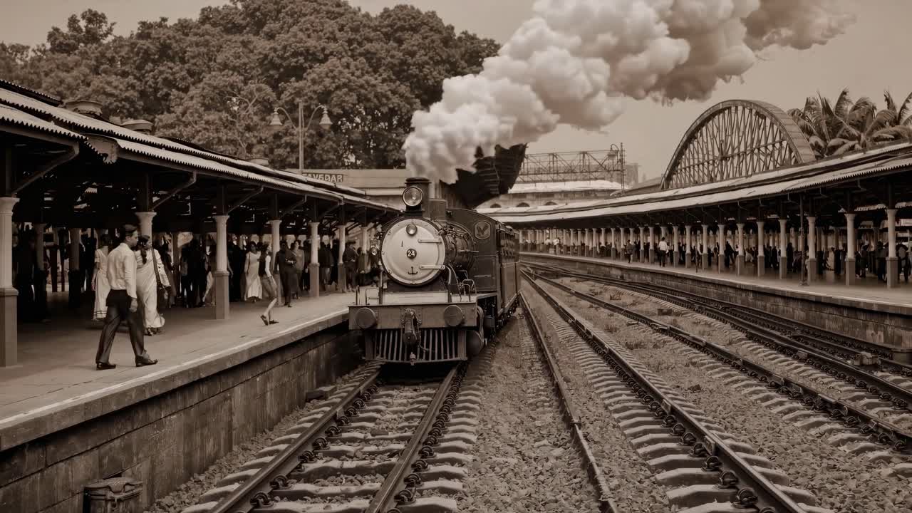 Fotograma de vídeo en tonos sepia de un tren de vapor antiguo llegando a una estación bulliciosa, capturado desde un ángulo bajo