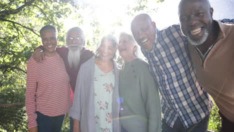 portrait of happy diverse female and male senior friends embracing in sunny nature, slow motion