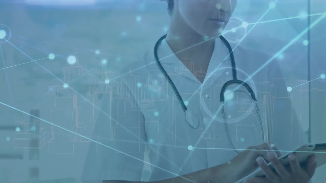 animación de la red de conexiones a través de la mujer médico