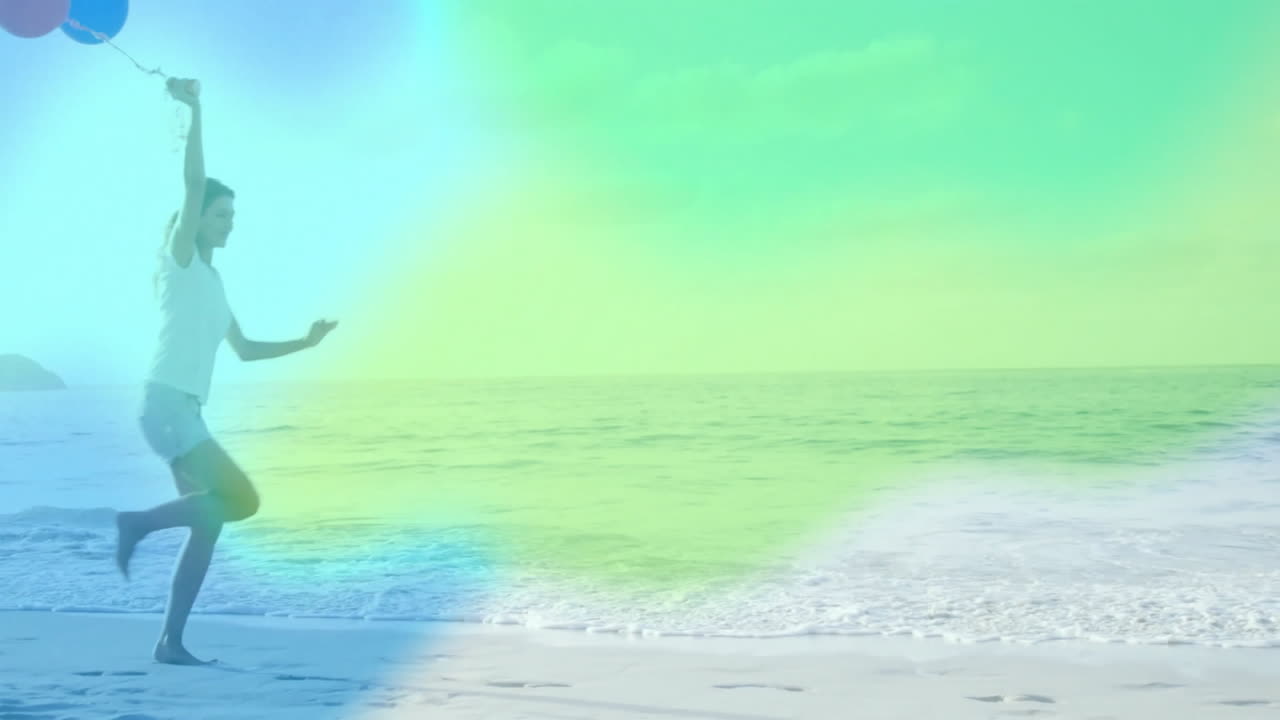 Running joyfully on beach, person surrounded by colorful overlay animation