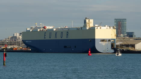 wide shot of a car transporter ship being loaded at southampton docks at the solent southampton