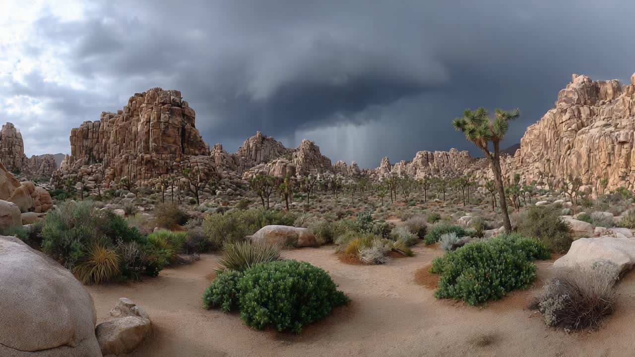 Dramatic Landscape of Rocky Terrain Under Darkening Stormy Skies in a Desert Environment, Featuring Unique Joshua Trees and Diverse Vegetation