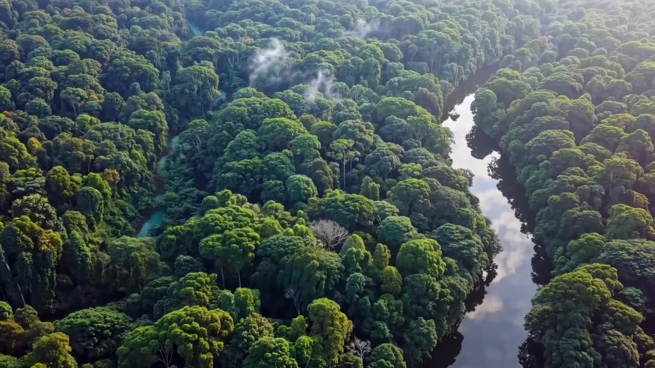 Aerial video captures lush green forest and winding river from a high angle, showcasing the vast