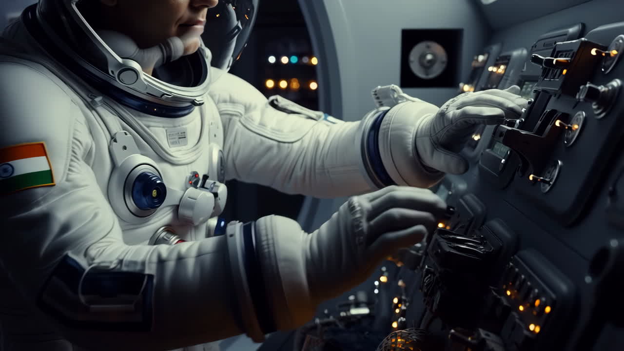 Astronaut Operating Controls in a Spacecraft Cockpit