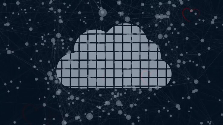 Animation of squares forming cloud icon, over spots of light, on black background