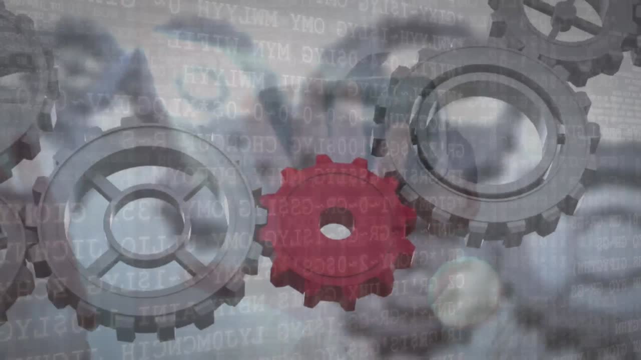 animación de engranajes en movimiento y codificación binaria sobre el hombre que usa auriculares vr