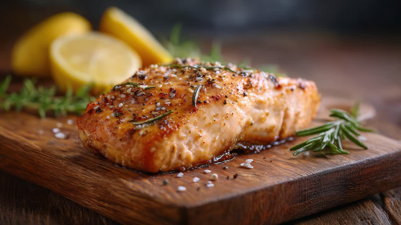 Savory, Oven-Baked Salmon Fillet Glazed with Herbs and Lemon, Perfectly Cooked for a Flavorful Culinary Experience