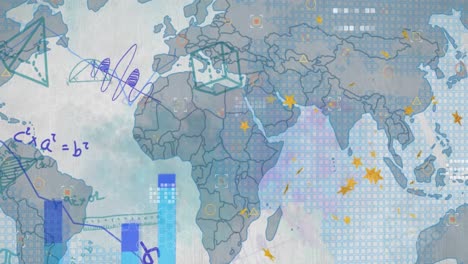 animation of graph, mathematical equations and diagrams over map against abstract background