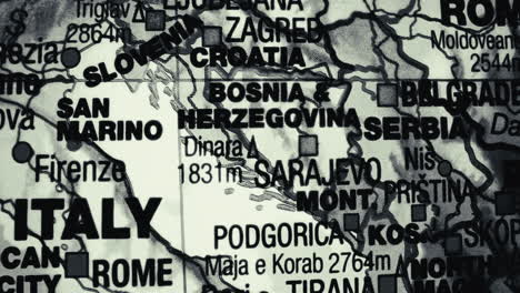 close-up of a map showing balkan countries and italy