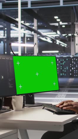 vertical video data center admin inspecting gear using green screen mockup pc