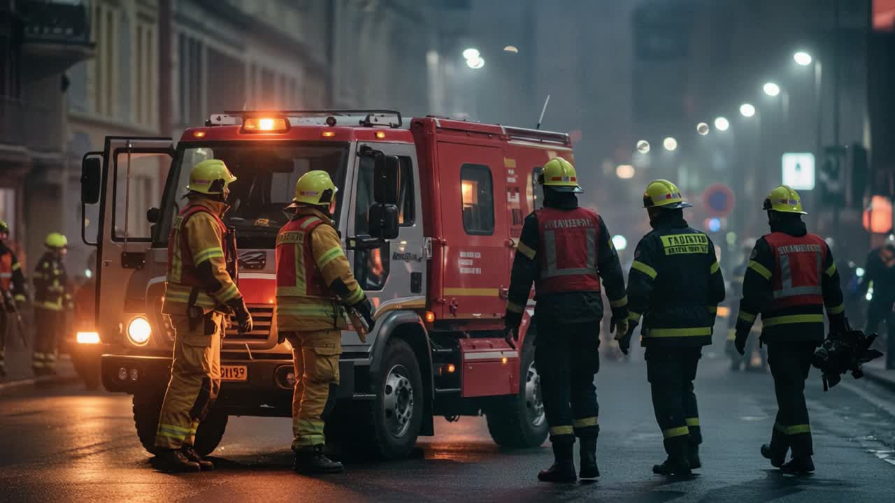 Firefighters in Action: Emergency Response Team Engaged Near Fire Truck Amidst Smoky Urban Environment, Highlighting Courage and Coordination During Crisis Management