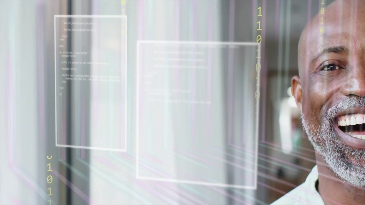Professional man standing by glass as tech HUD panels appearing, scrolling digits causing laughter