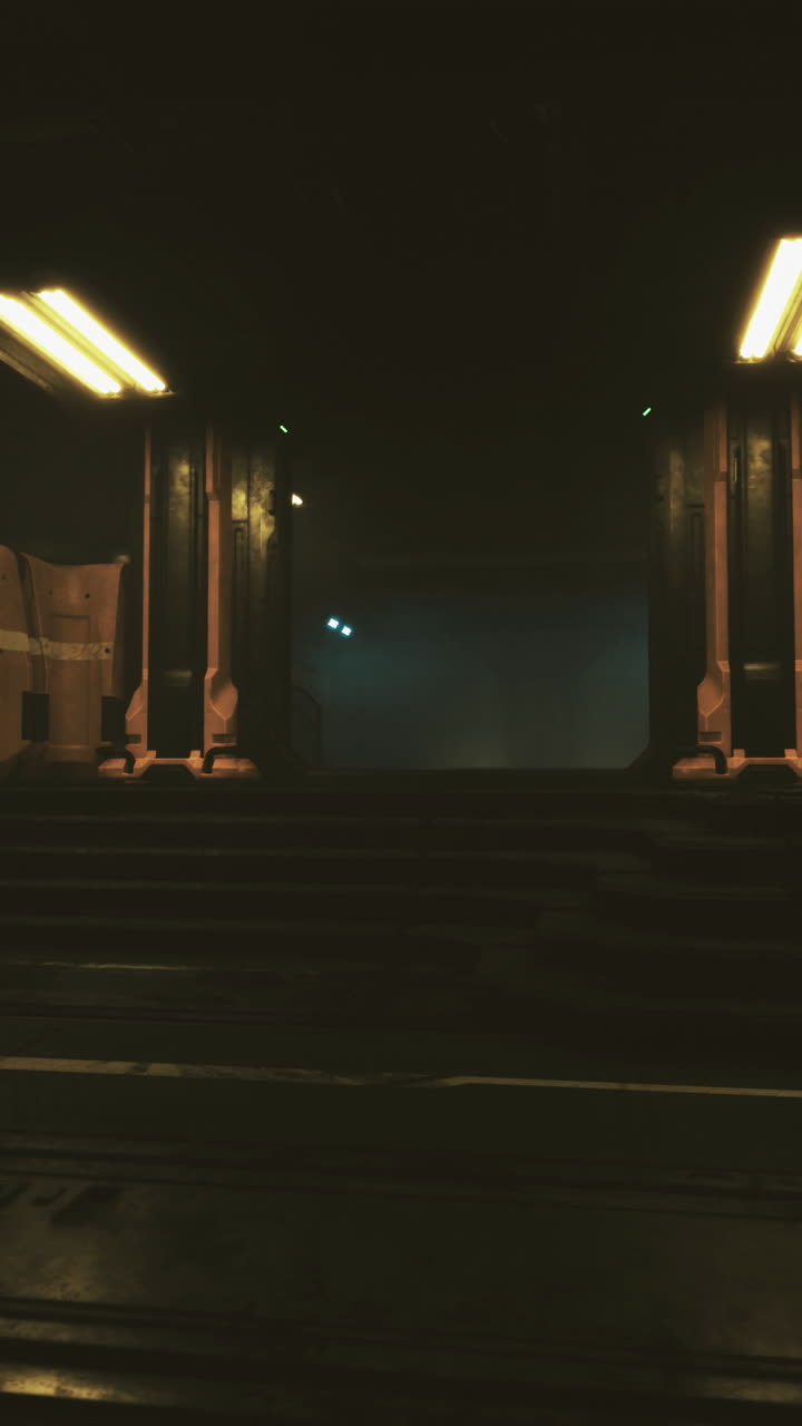 Corridoio misterioso scarsamente illuminato in un ambiente futuristico con dettagli industriali