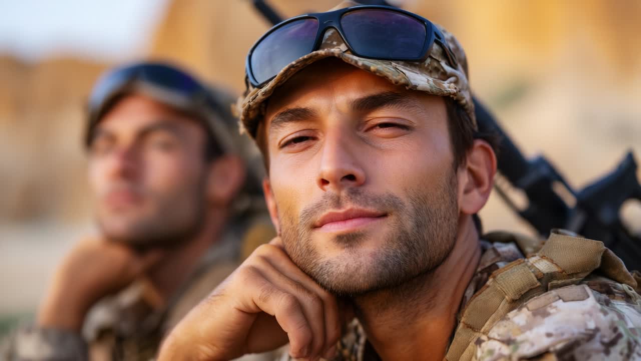 Soldati riflessivi in tenuta mimetica si rilassano in servizio in un paesaggio sereno, trasmettendo sicurezza e resilienza mentre si dedicano a una tranquilla riflessione e rafforzano il cameratismo nel servizio militare