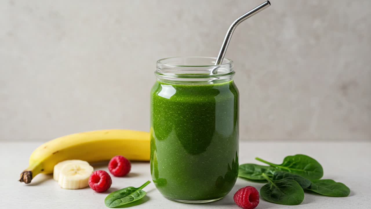 Refreshing Green Smoothie Blended with Spinach, Banana, and Raspberries in a Glass Jar with Metal Straw on Light Background