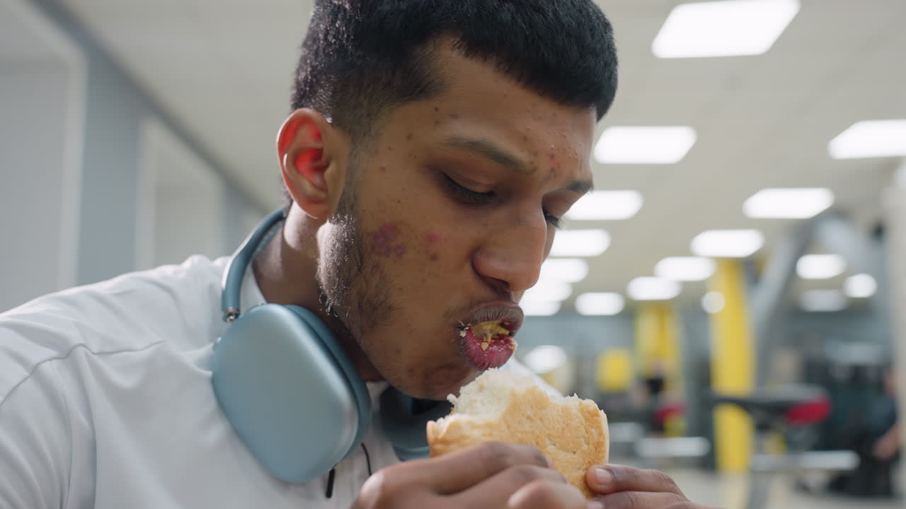 close up of young man wearing white activewear and headphones around neck eating sandwich indoors with soft bokeh gym lighting in background