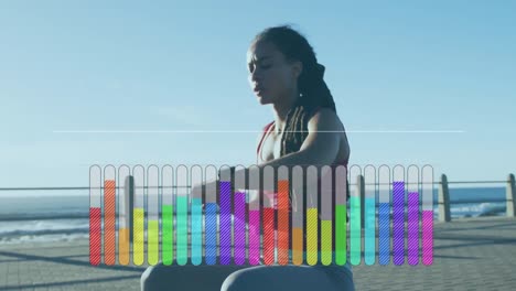 animación de un gráfico colorido sobre una mujer haciendo ejercicio en un paseo marítimo