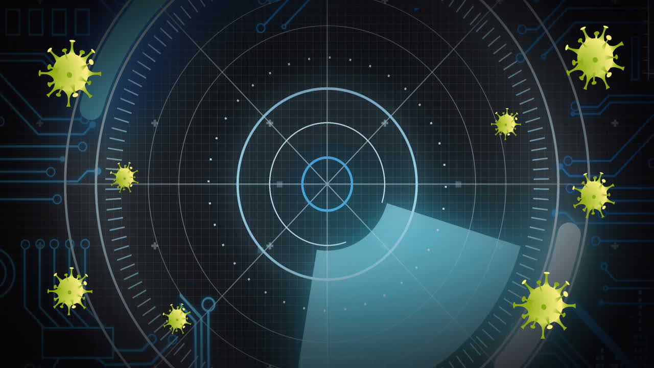 코로나 19 세포의 애니메이션과 컴퓨터 회로 보드 및 데이터 처리 범위