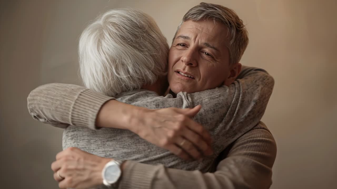 Uomo di mezza età che inizia un lungo abbraccio, tenendo una donna anziana per affetto familiare, mostrando la fede nuziale.