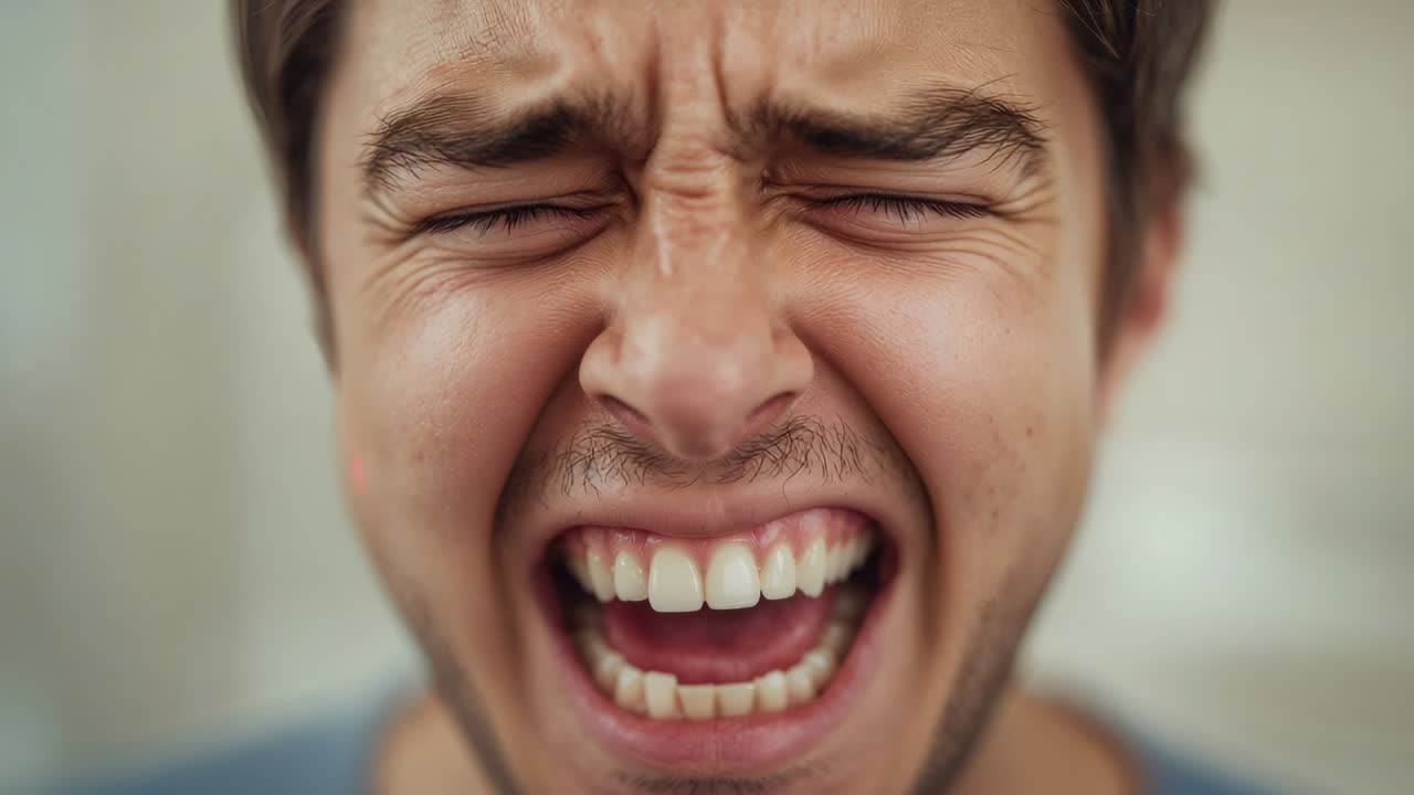 Uomo che fa una smorfia, mostra gli occhi chiusi, apre la bocca e stringe i denti in bagno dopo un segnale invisibile