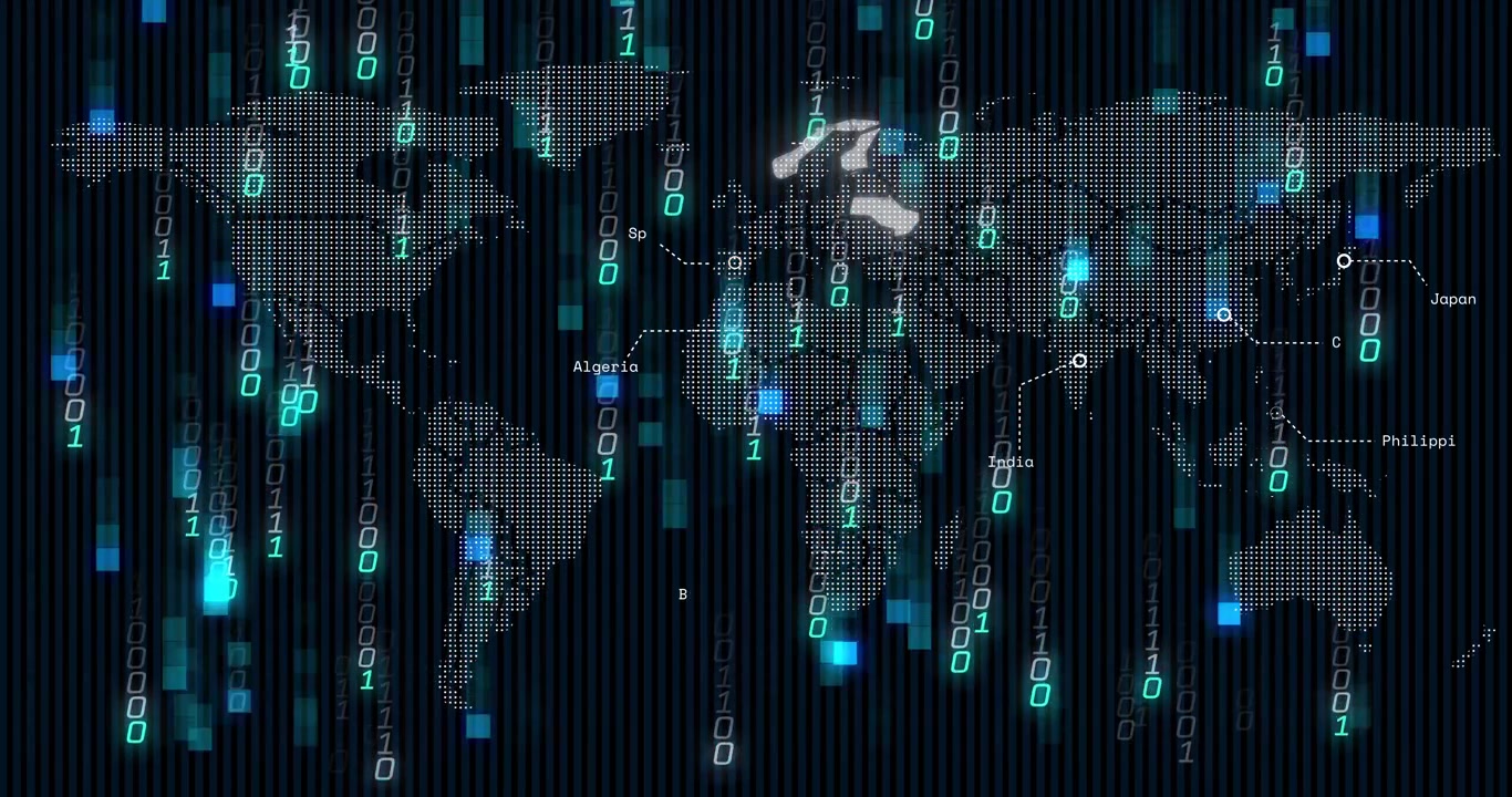 Fading in dotted world map with binary streams, highlighting countries to illustrate global data