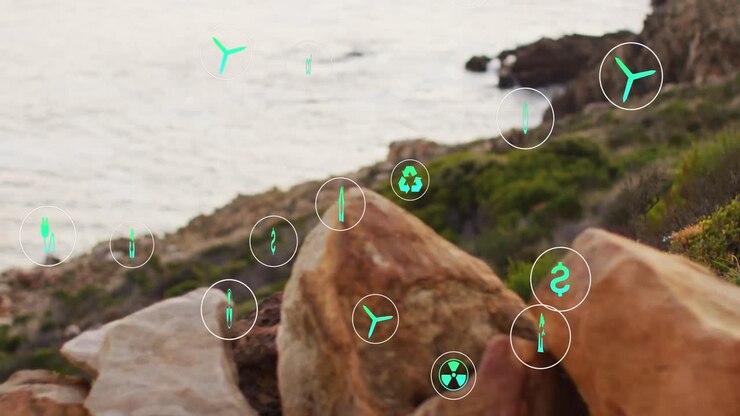 animación de iconos de sostenibilidad y ecología sobre el paisaje