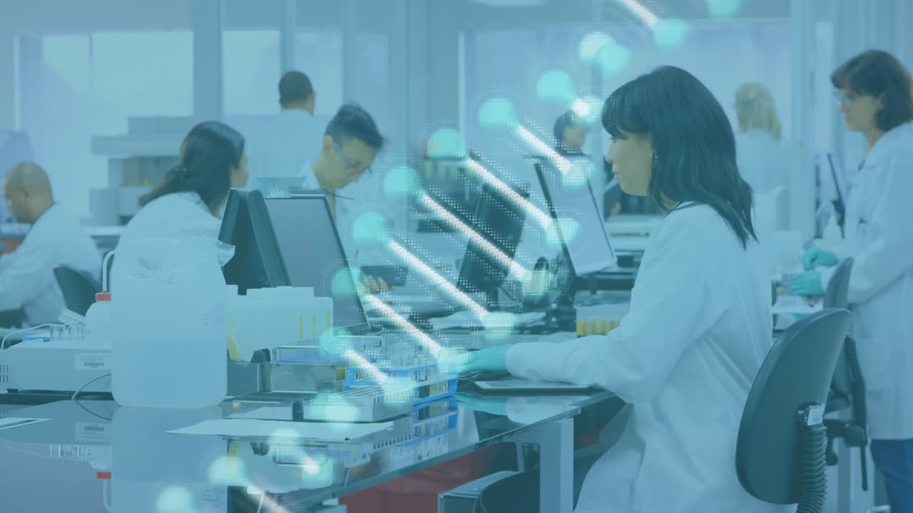 Animation of data processing and dna strand over biracial female scientist