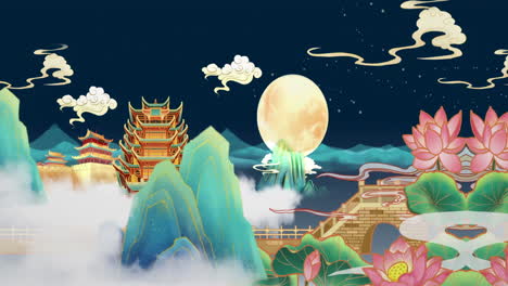 retro style blue national trend fantasy bright ambience landscape of beautiful morning sky, mountains, flowers, lake, ancient house with simple animation in japanese chinese anime watercolour style