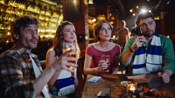 Primo piano di appassionati di sport che fanno tintinnare boccali di birra guardando la televisione in un bar buio. Persone sorridenti