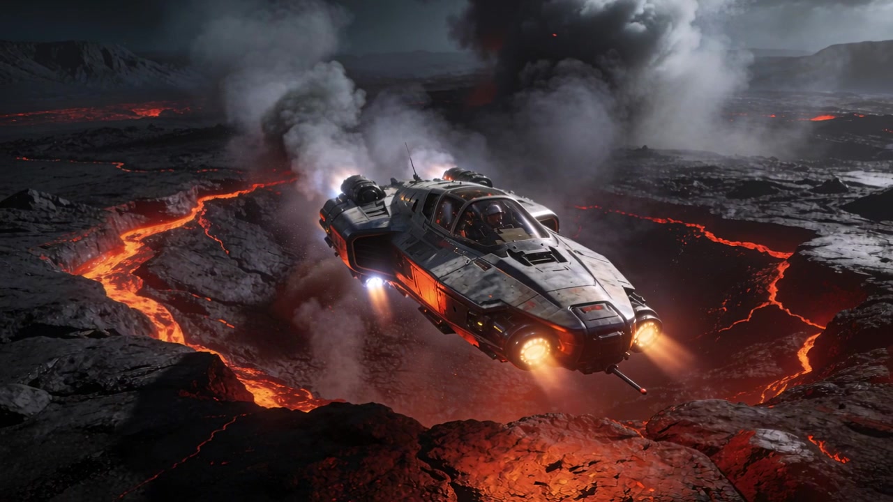 Propulsori in funzione, navetta monoposto alla deriva e in bilico sopra un cratere vulcanico per ispezionare la lava.