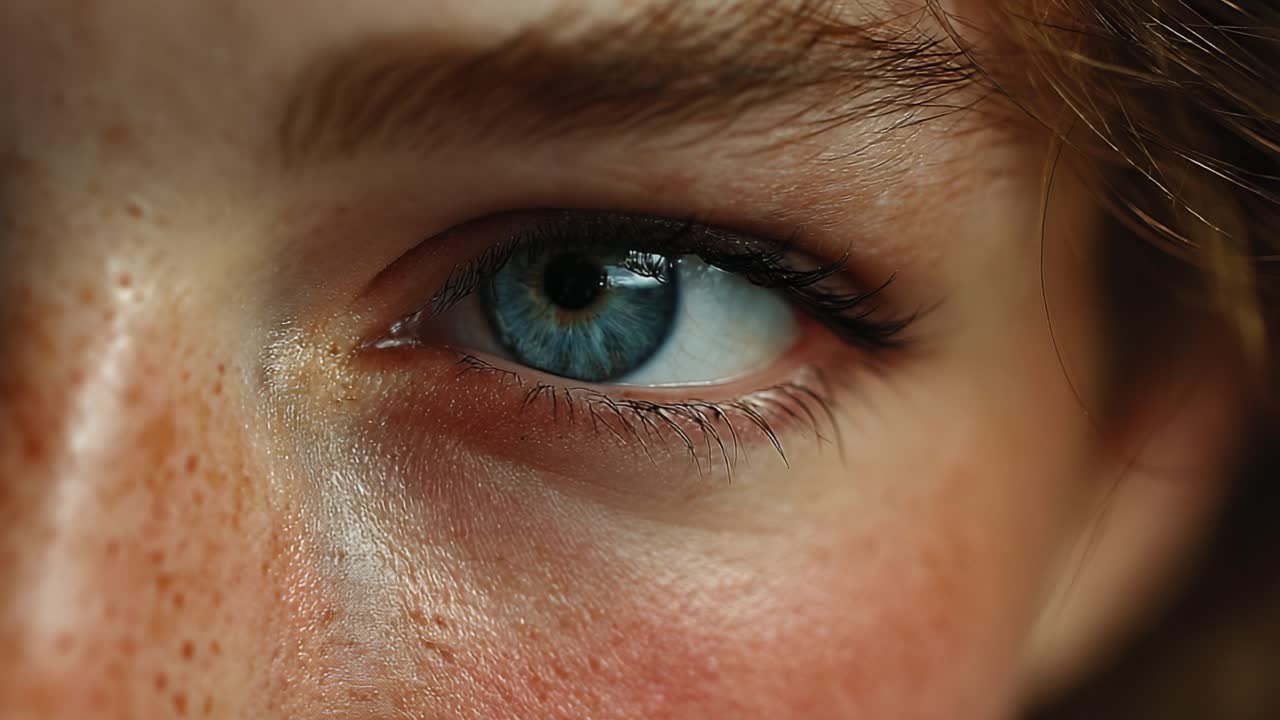 Close-Up of an Eye: Capturing the Intricacies of Human Emotions and Expressions Through Stunning Detail in a Beautiful Blue Iris Surrounded by Freckles and Soft Skin