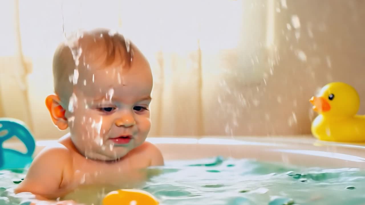 귀여운 아기가 장난감으로 욕조에서 놀고 있다