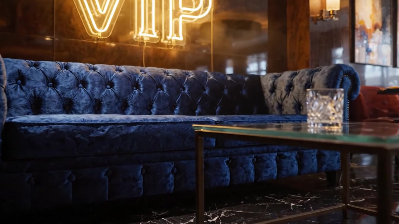 Luksuriøs VIP-lounge med elegant fløjlssofa og imponerende belysning, perfekt til eksklusive arrangementer og luksuriøse oplevelser.