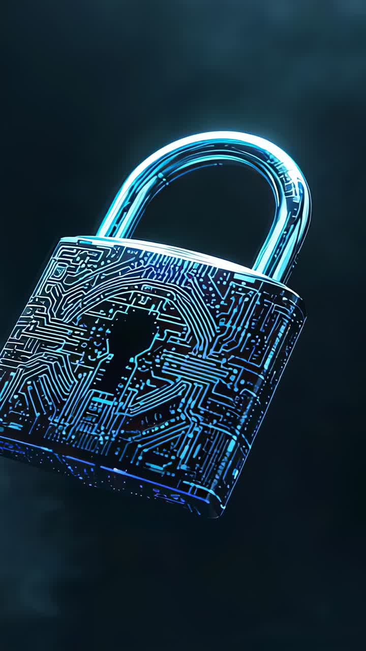 Vertical video: Turning lock on start moving to center in mist circuit glow showing shackle keyhole