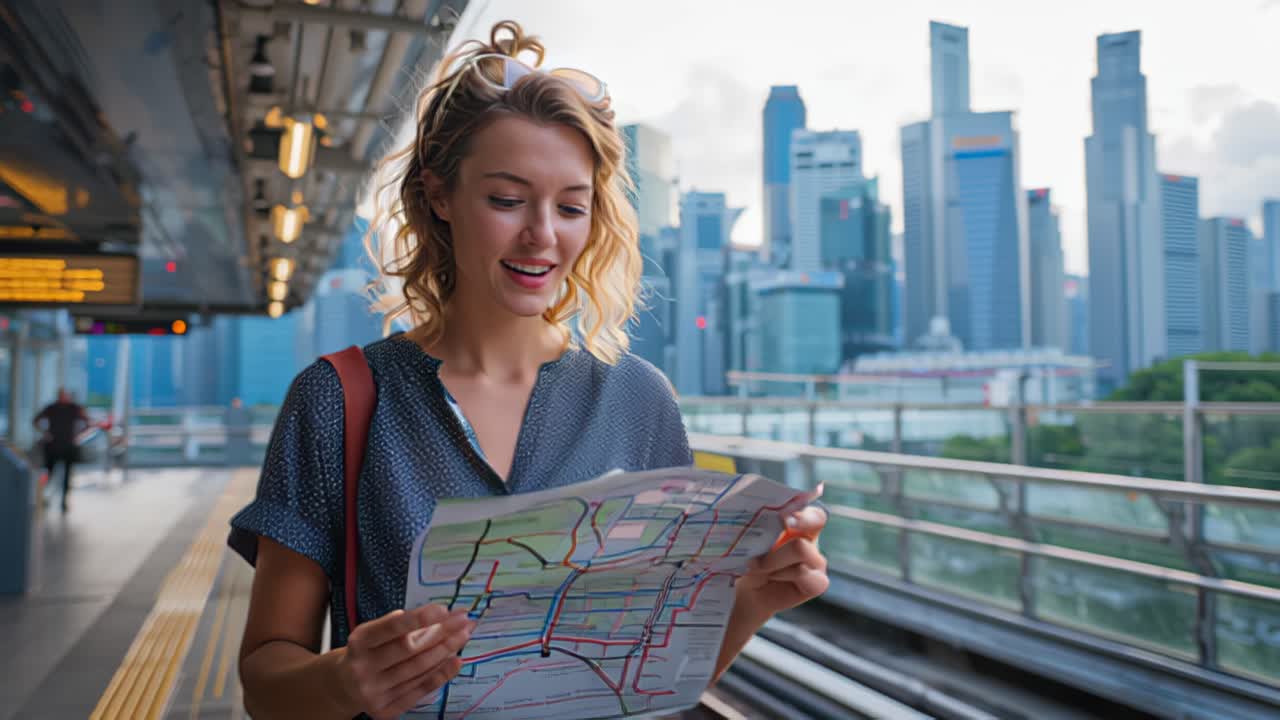 Giovane viaggiatrice controlla una mappa della metropolitana dei trasporti pubblici su una piattaforma ferroviaria urbana, con moderni grattacieli sullo sfondo durante il pendolarismo diurno.