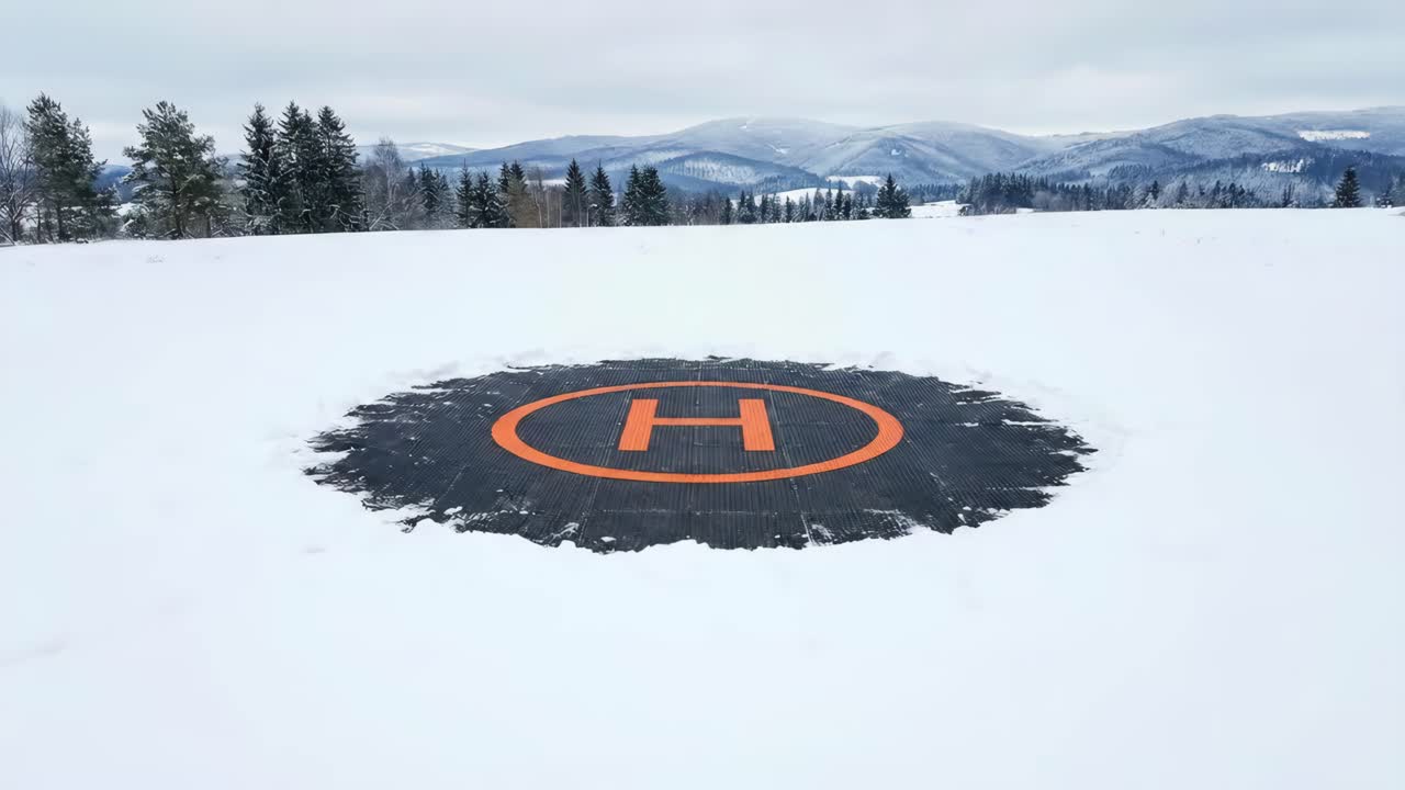 Helipad in Snowy Mountain Landscape with Forest