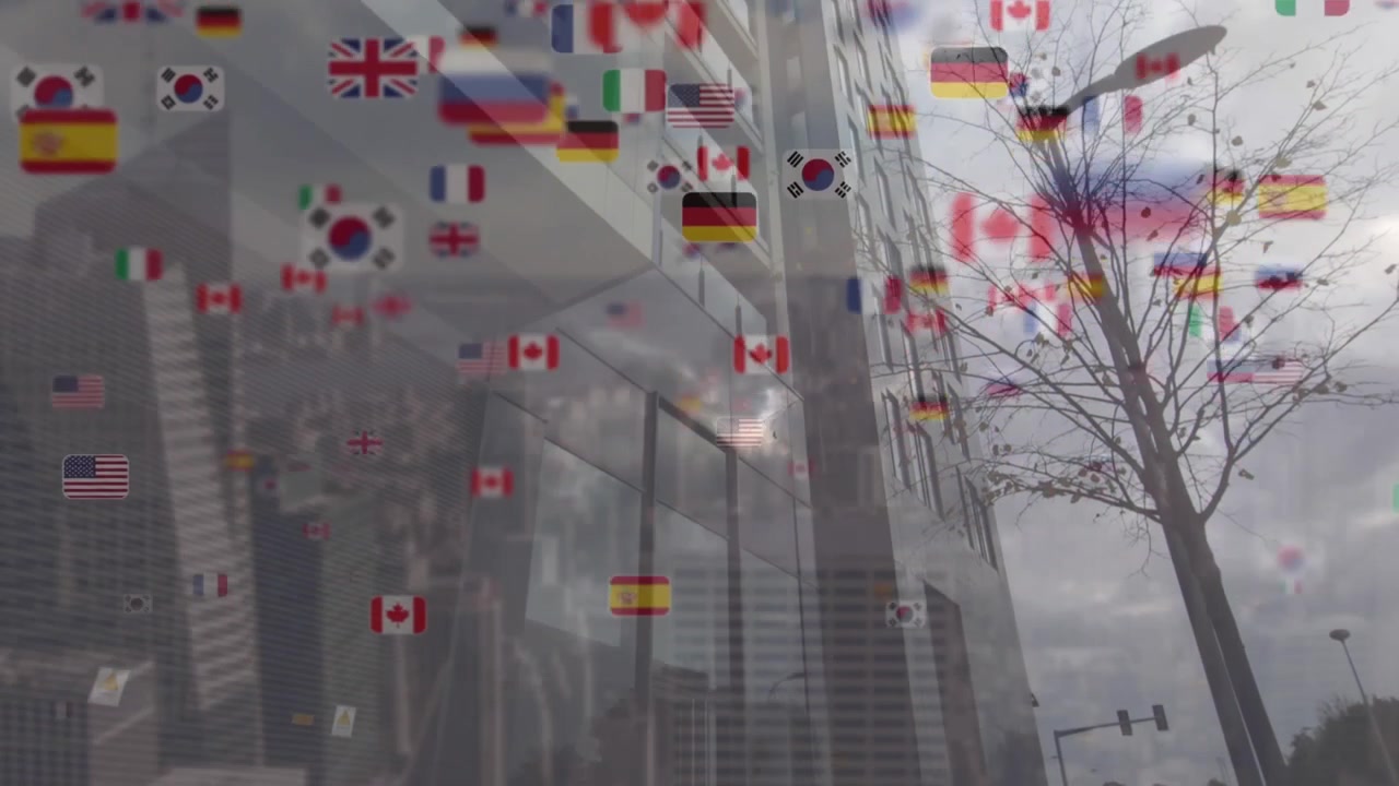 Animated National Flags Floating Over a Modern City Building