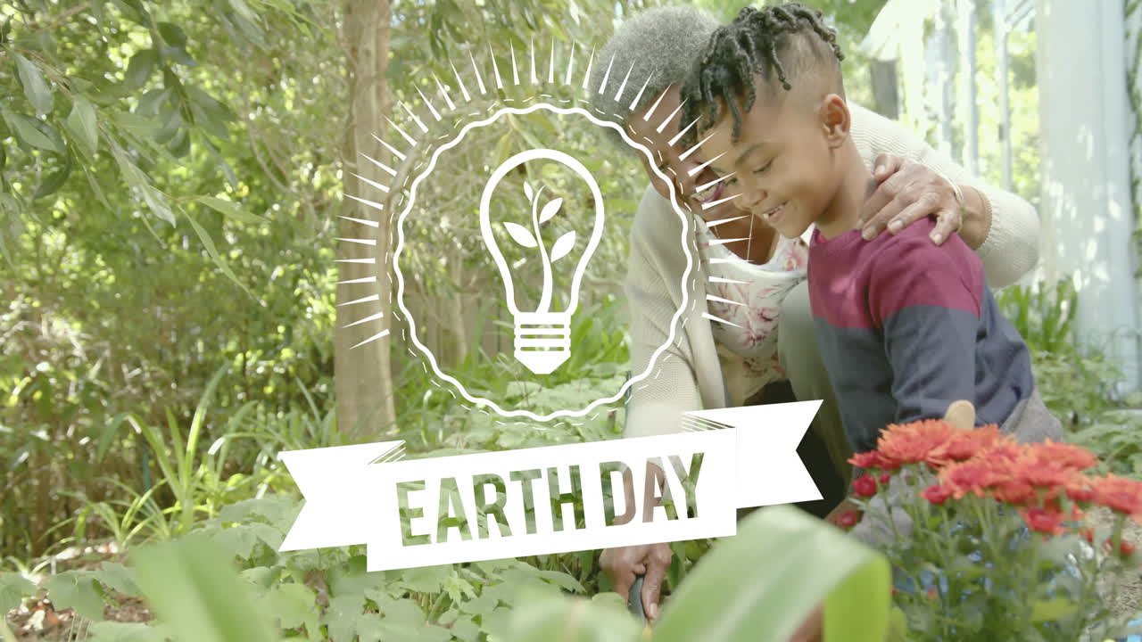 Earth Day light bulb animation over people gardening in lush greenery