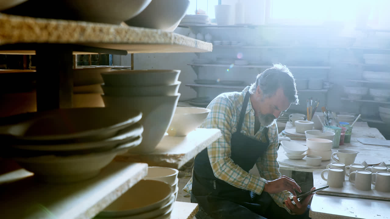 hombre alfarero usando una tableta digital 4k