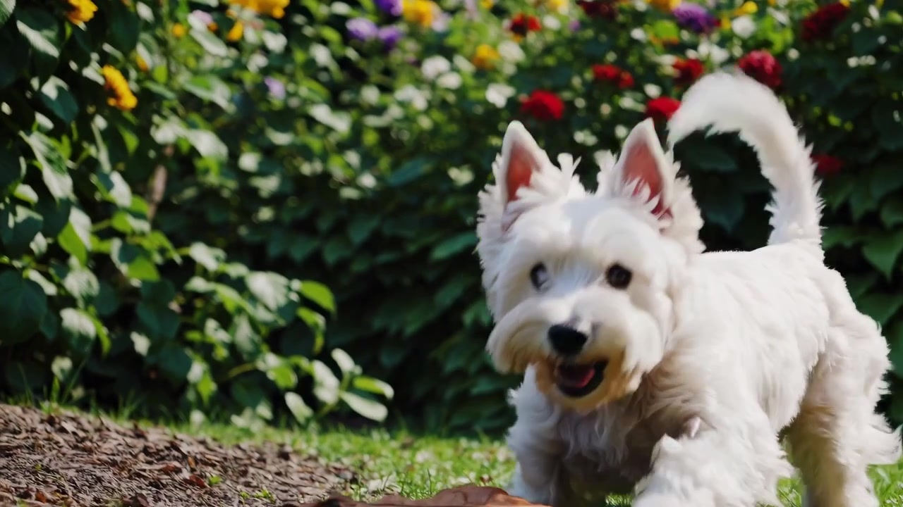Adorabile cane Westie bianco che gioca con una foglia in un giardino soleggiato