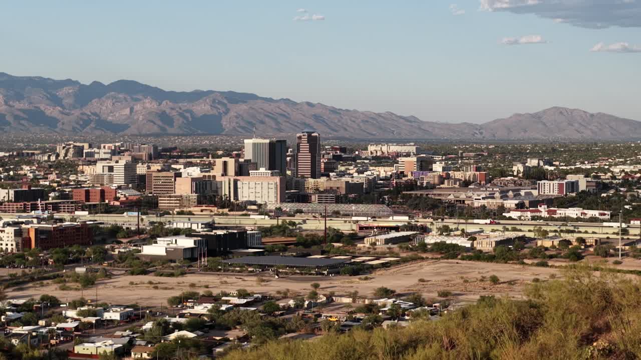 Downtown Tucson behind Sentinel Peak by drone