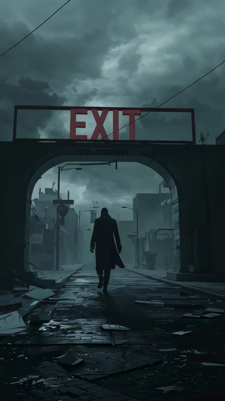 Vertical video: Figure stepping forward under EXIT arch, man in long coat walking into fog to ruins
