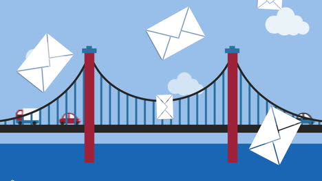 animation of email envelope icons falling over traffic crossing bridge