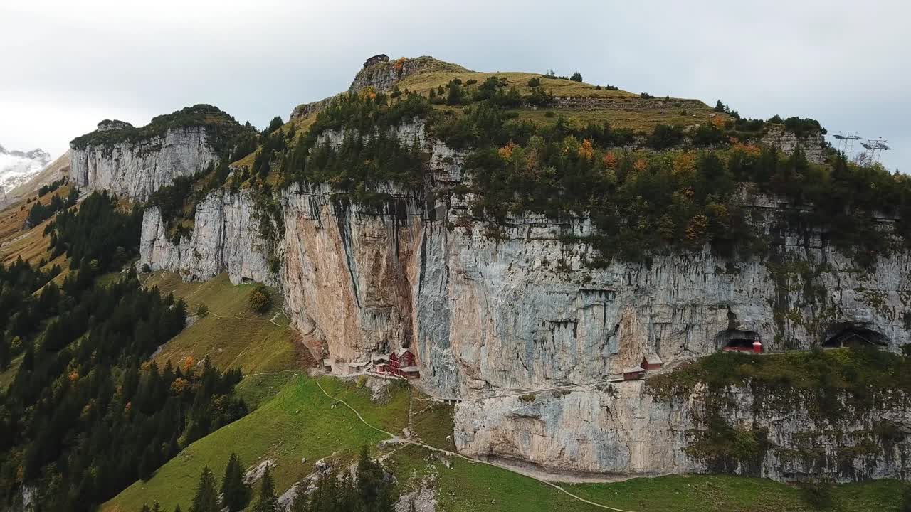 Aerial view of the Äscher, guesthouse in Alpstein, Switzerland.